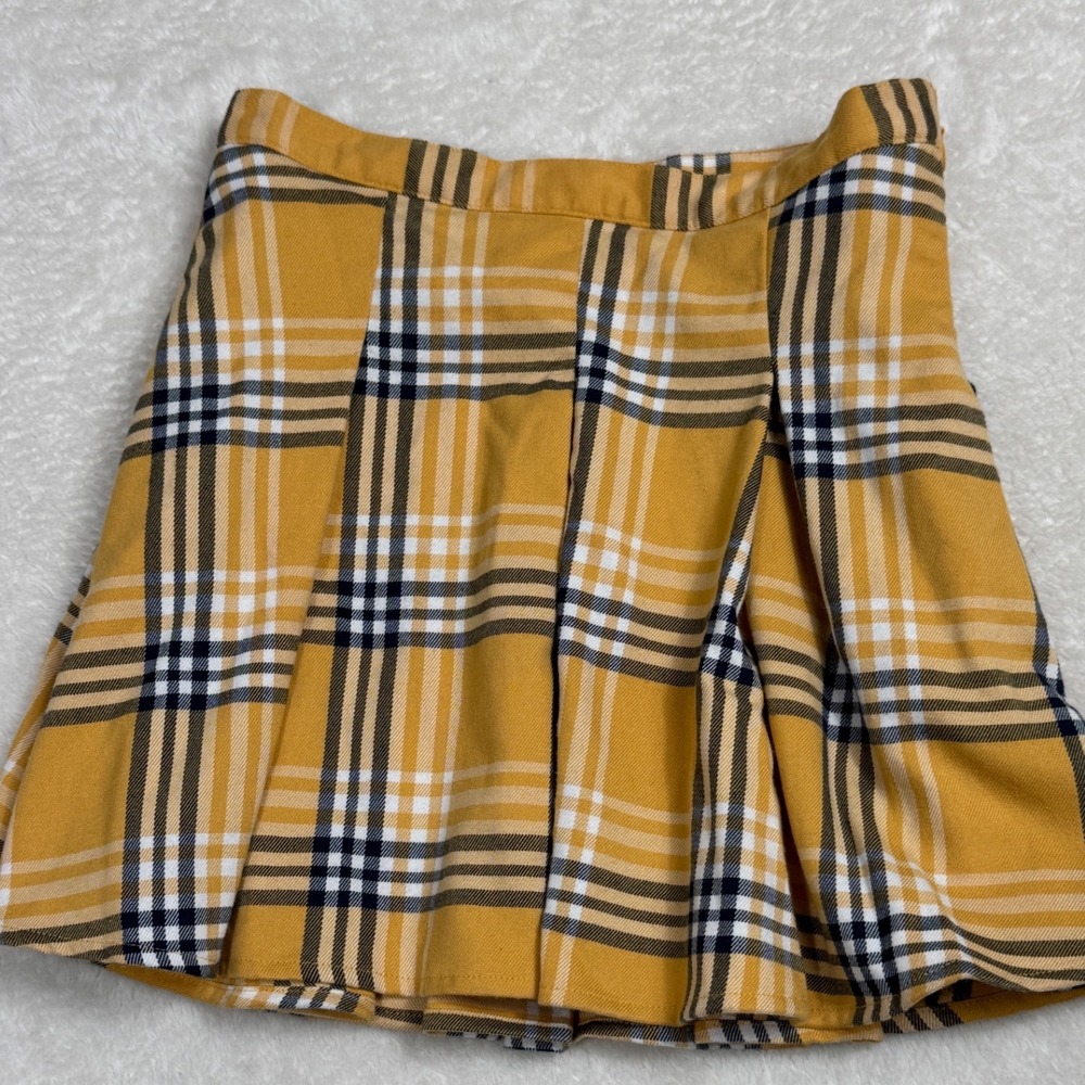 SO Mustard Yellow Plaid Pleated Mini Skirt Womens Sz 0 Preppy Clueless Acadamia